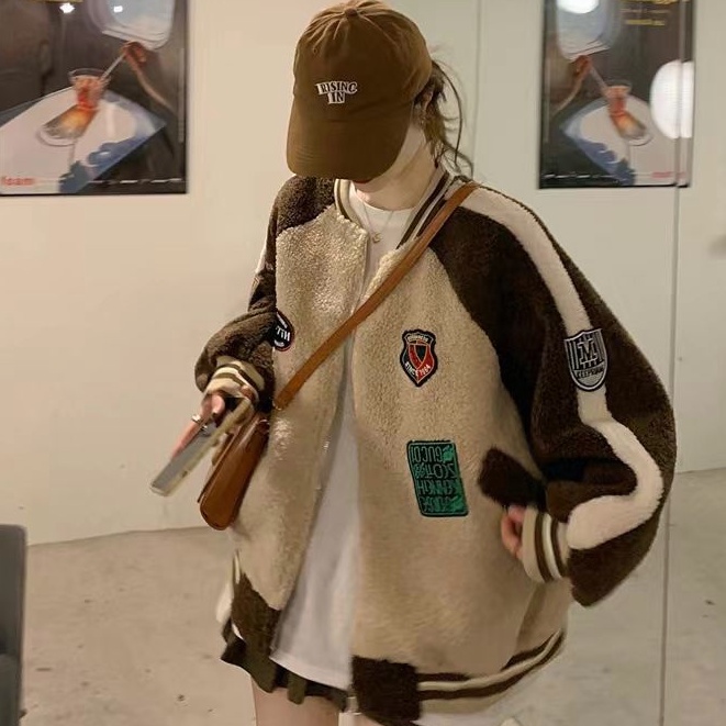 [Hàng Có Sẵn] Áo Khoác Bóng Chày Dáng Rộng Dày Giả Lông Cừu Phiên Bản Hàn Quốc 2023 Mới Cho Nữ