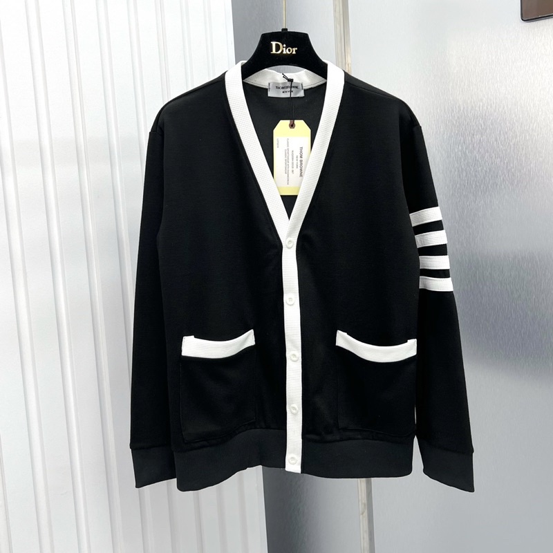 Áo khoác cardigan Thome nam nữ phối thêu 4 kẻ sọc tay viền trắng chất len phong cách công tử