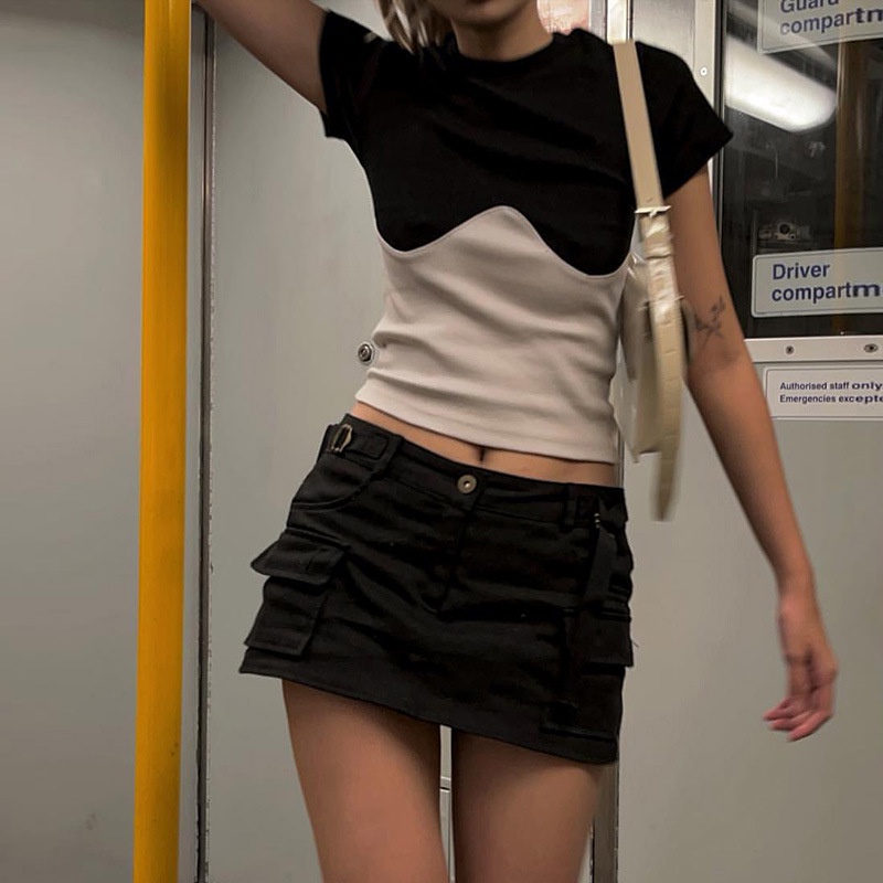 Klalien Áo Croptop Tay Ngắn Cổ Tròn Dáng Ôm Phối Màu Tương Phản Thời Trang Cho Bạn Gái