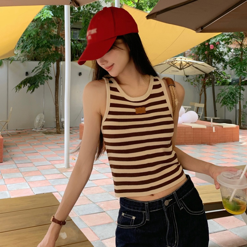 Áo Tank Top Dệt Kim Sát Nách Cổ Tròn Kẻ Sọc Kiểu Hàn Quốc Xinh Xắn Cho Nữ