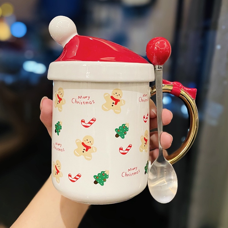 Ly Sứ Uống Nước Kèm Muỗng Và Nắp Đậy In Họa Tiết Giáng Sinh Dễ Thương