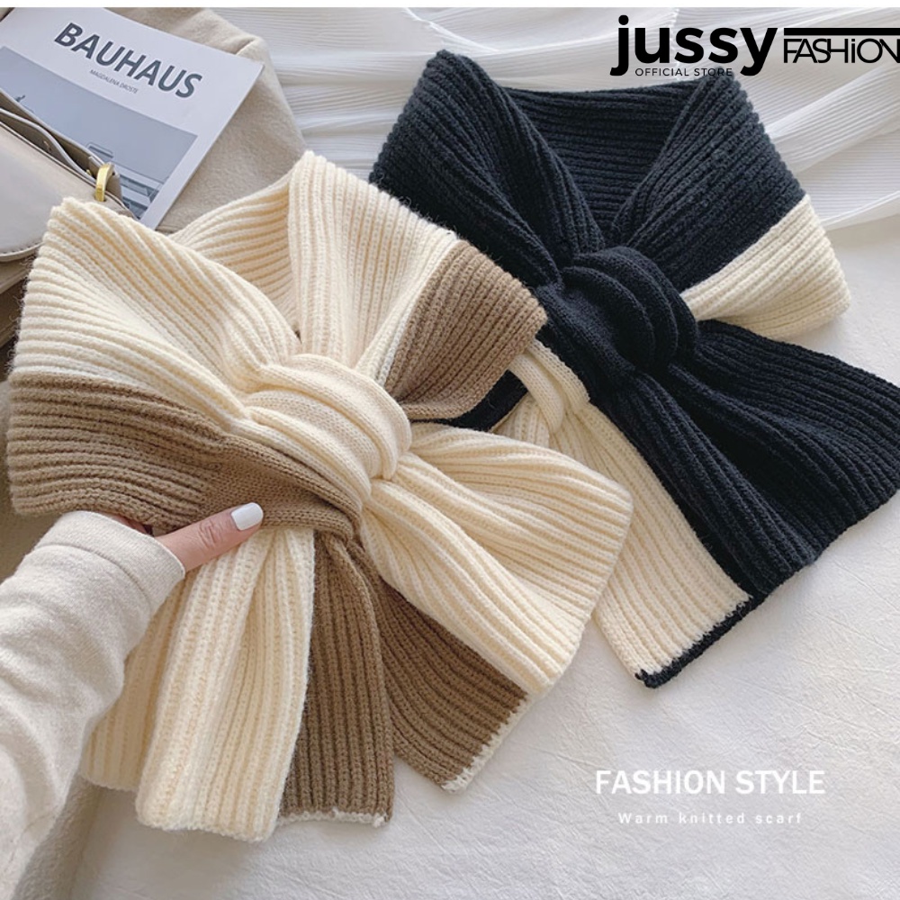 Khăn Quàng Cổ Len Dệt Kim 2 Màu Vintage Jussy Chất Len Mịn Ấm Áp Kiểu Dáng Khăn Choàng Cổ Mùa Đông Phong Cách Hàn Quốc