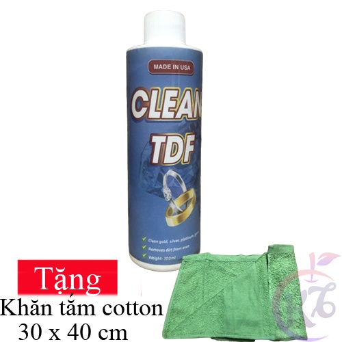 Nước tẩy rửa trắng trang sức, nữ trang, vàng, bạc Clean TDF chai 300ml Tặng 1 khăn tắm cotton siêu mềm 30x40cm