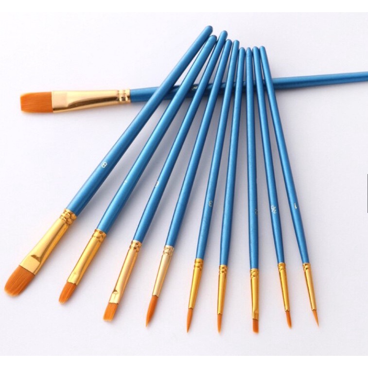 Bộ 10 Cọ Vẽ Màu Nước Cơ Bản Hungacolor Cán Nhựa Đầu Cọ Nylon Dùng Tô Tượng Thạch Cao, Vẽ Tranh Màu Acrylic