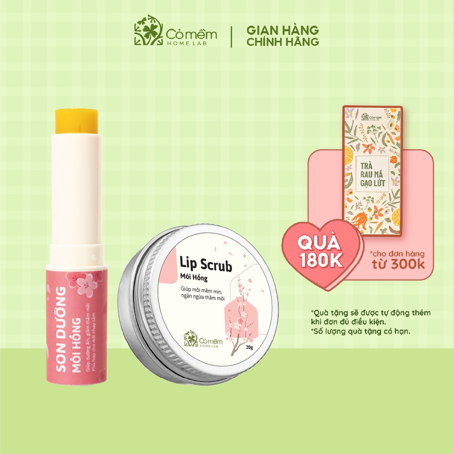 Combo Môi Hồng Gồm Son Dưỡng Hồng Môi Và Tẩy Da Chết Giảm Thâm Cỏ Mềm