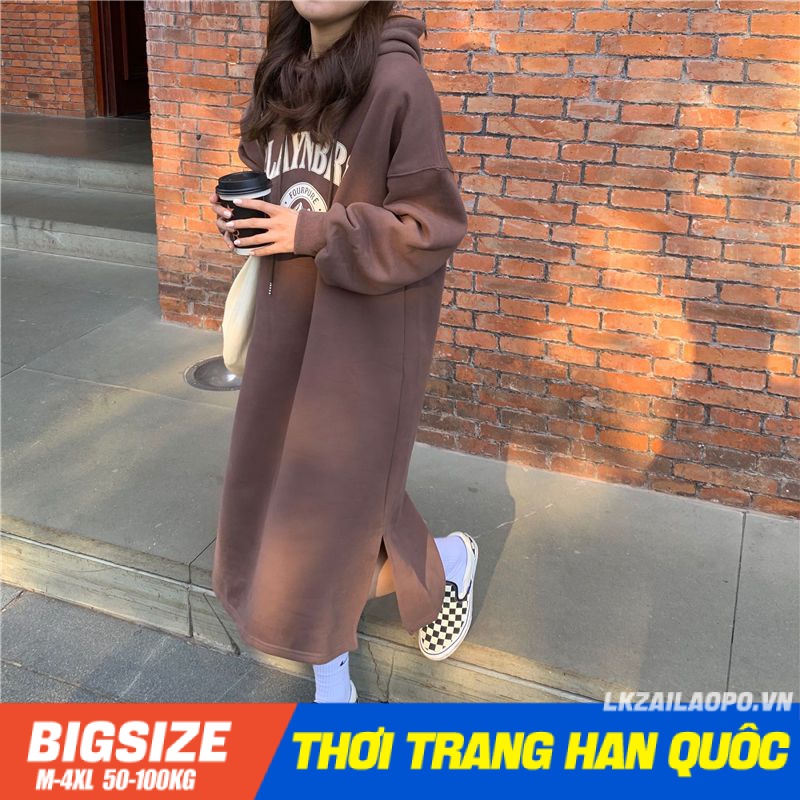 Váy đầm nữ Bigsize Đầm nỉ hoodie dáng suông tay dài Dày dặn mùa thu Phong cách Hàn Quốc Thời Trang đẹp