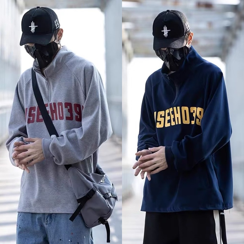 Áo Sweater Cổ Cao Phối Khóa Kéo Nửa Thân Thời Trang Mùa Thu Nhật Bản 2022 Cho Nam