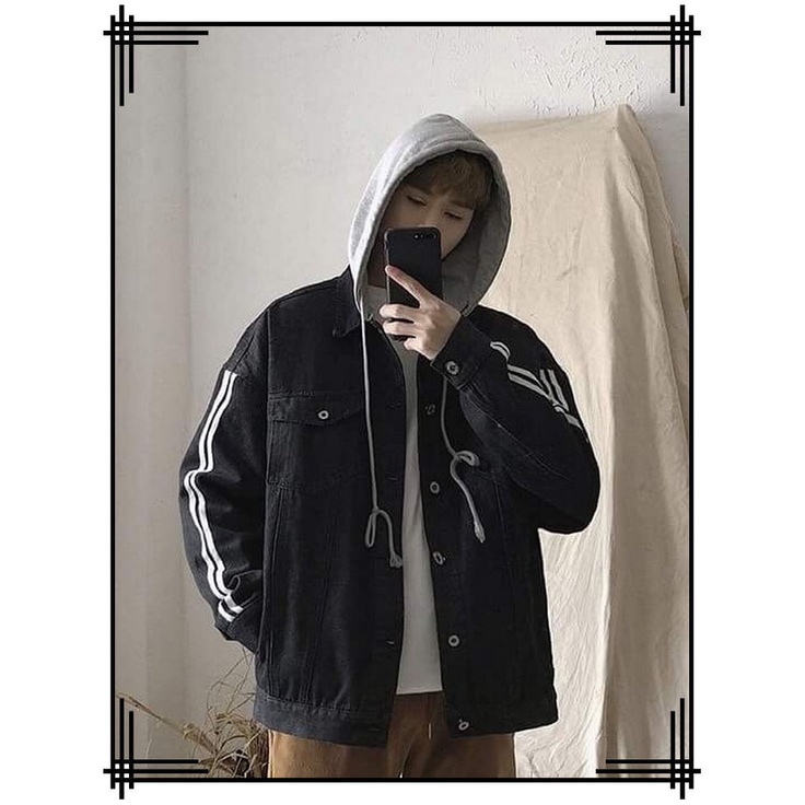 Áo khoác jean nam có nón túi Zip xanh - áo jean nón mũ viền tay xanh đen form rộng size 40-75kg