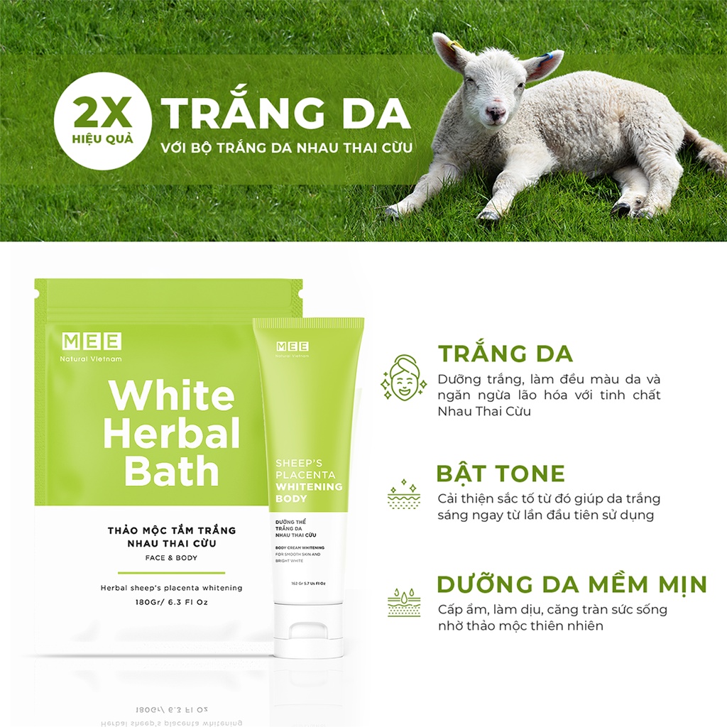 Bộ Thảo mộc tắm trắng X3 nhau thai cừu Mee+ Natural Vietnam sáng da dưỡng thể nhau thai cừu dưỡng da trắng hồng, mềm mịn | BigBuy360 - bigbuy360.vn