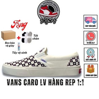 Giày vans LV caro đen trắng chuẩn 1:1, giày lười vans lv cực hót 2022 full size nam nữ, full bill box phụ kiện