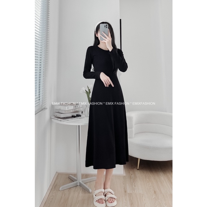 Váy maxi thun xoè EMIX, đầm chữ A dài tay, dáng dài, cổ tròn, freesize dưới 58kg 188