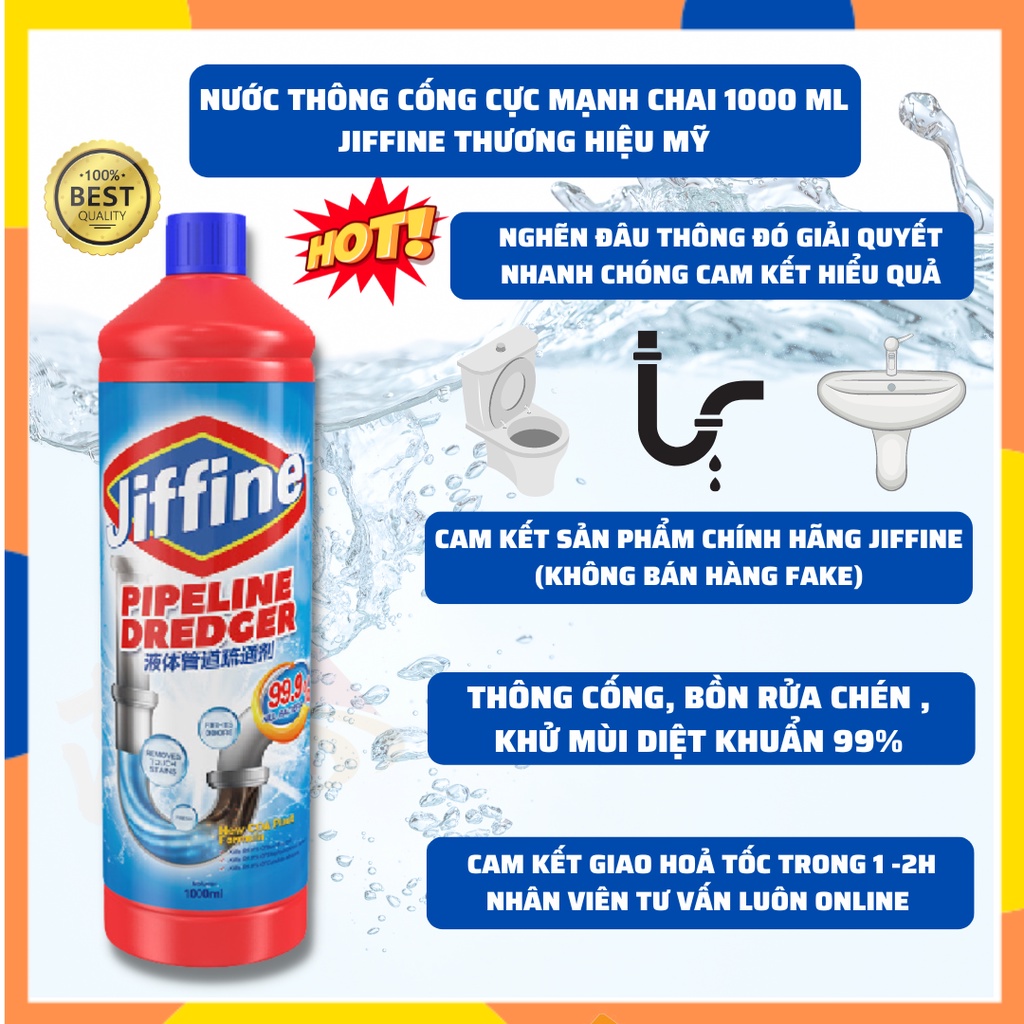 Nước Thông Cống,Bồn Rửa Chén JIFFINE Cực Mạnh Thông Mọi Đường Ống,Diêt Khuẩn,Khử Mùi Hôi Nhanh Chóng Và Tiết Kiệm