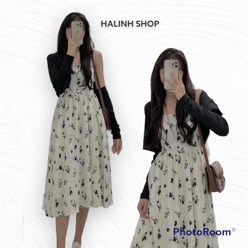 Set Váy Đầm Nữ Hoa Nhí Kèm Áo Khoác- Halinh Shop- Váy 2 Dây Hoa Chun Sau Kèm Áo Cardigan Dài Tay Hàn Quốc Mặc Hè Thu S M