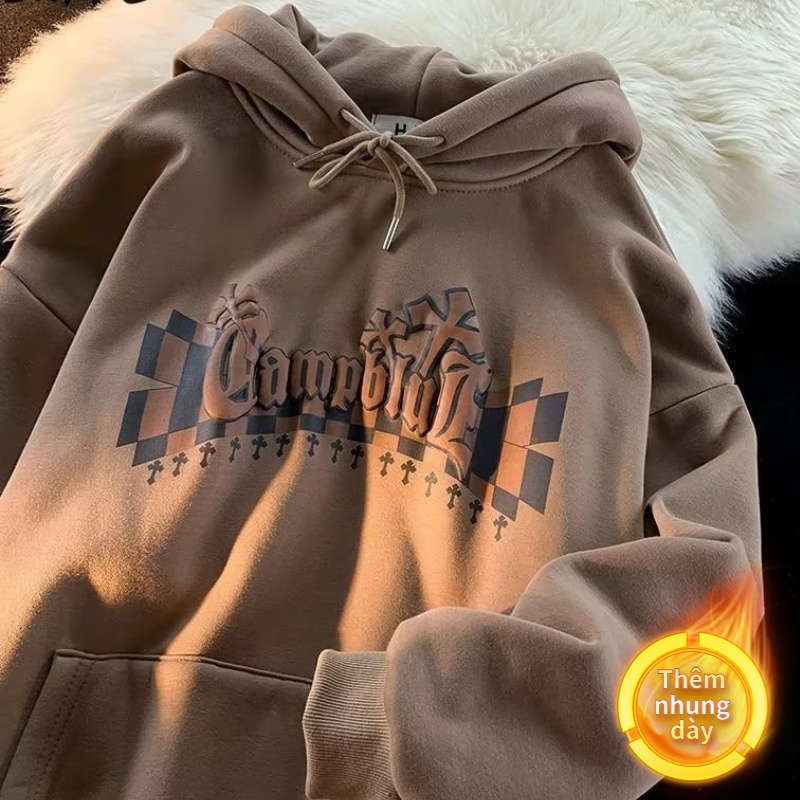 Áo Hoodie Nhung Dáng Rộng In Chữ Thập Thời Trang Retro Dành Cho Nam