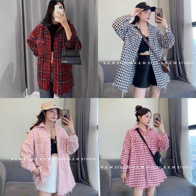 Áo sơ mi tweed kẻ chất dạ cao cấp dáng rộng đính hạt ngọc/Shyncloset