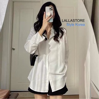 Áo sơ mi nữ trắng tay dài kèm quần đùi set áo sơ mi nữ  trắng tay dài dáng dài form rộng basic Lallastore 37