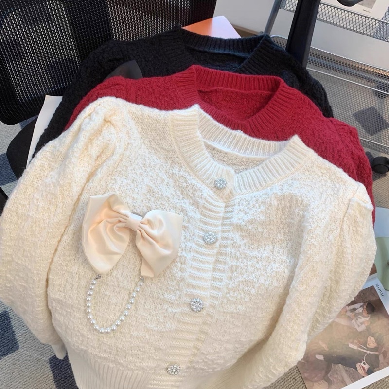 Áo cardigan len đính nơ ngọc siêu xinh