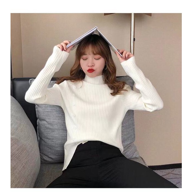 Áo Len Nữ cổ cao Dệt Kim Dài Tay Đính Cúc Xẻ Tà Ulzzang Dày Dặn Loại 1