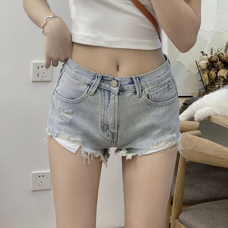 Quần short bò rách viền thô quần siêu ngắn ôm mông thon gọn cạp cao retro kiểu Mỹ mẫu mỏng mùa hè cho nữ