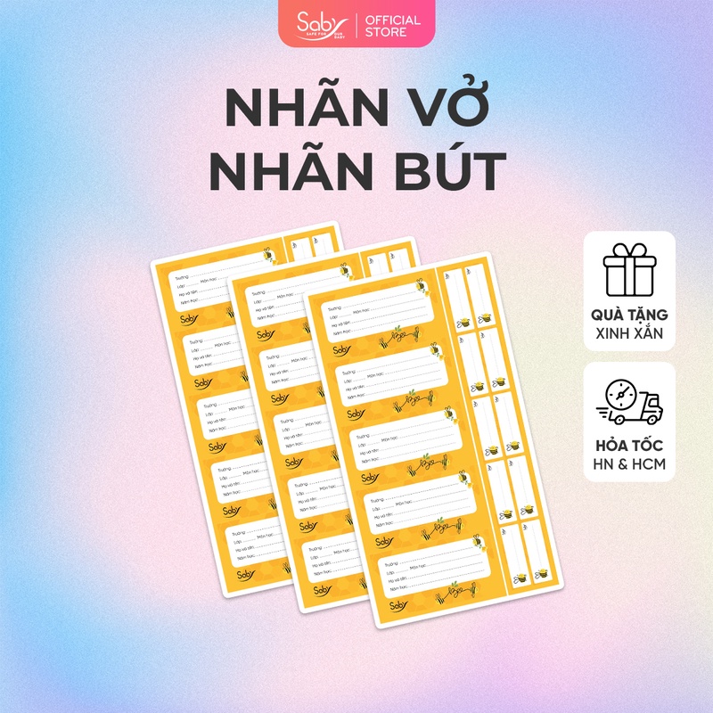 Nhãn vở cho bé thuơng hiệu Saby decal dán sách, vở, bút chì, bút mực đồ dùng học tập họa tiết ong vàng xinh xắn