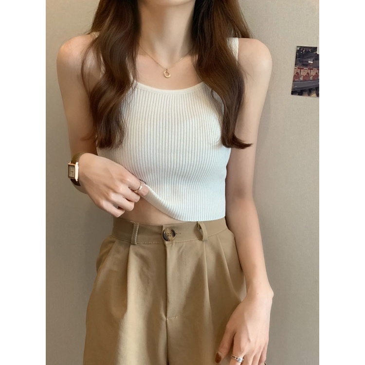 Áo Yếm dệt kim, Áo 2 dây bản to cổ tròn len tăm nữ, phù hợp mặc bên trong với áo khoác ngoài cho mùa thu đông 2022
