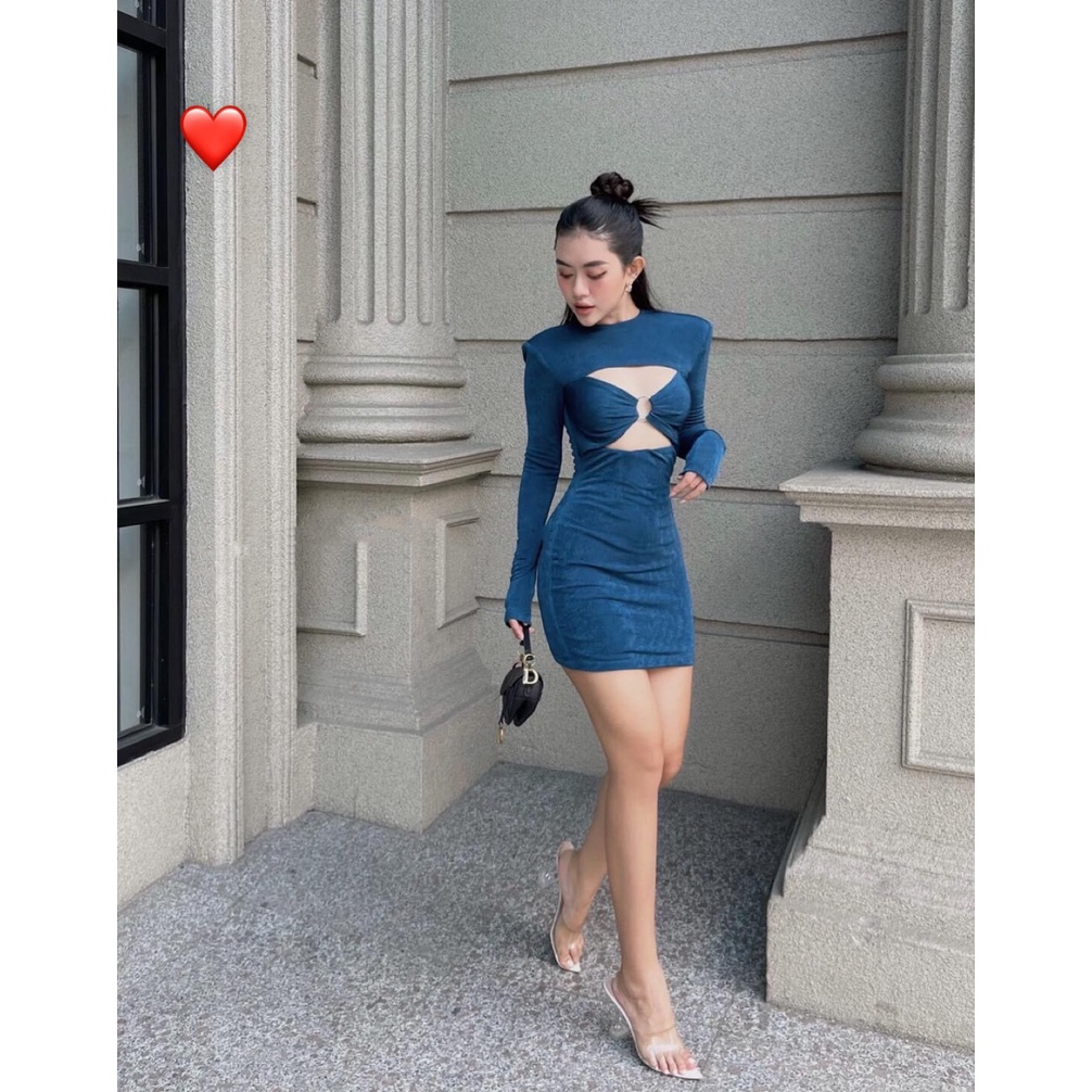 Đầm tay dài cổ tròn khoen ngực khoét trên dưới dáng ngắn sexy , chất thun gân mềm mịn