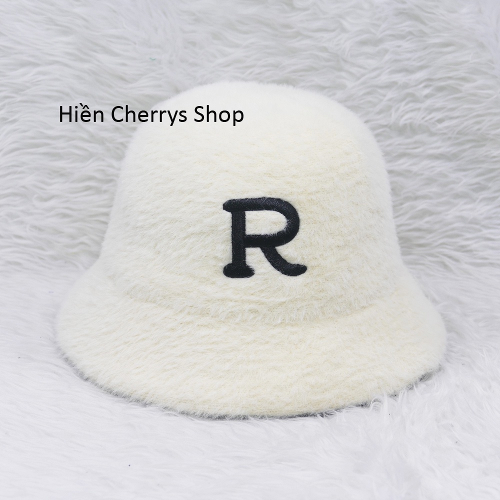 [ Nhiều mẫu ]Mũ bo cụp lông thỏ, nón tài bèo vành tròn hàng quảng châu thêu chữ R, vành rộng 5cm phù hợp cho bạn nữ.
