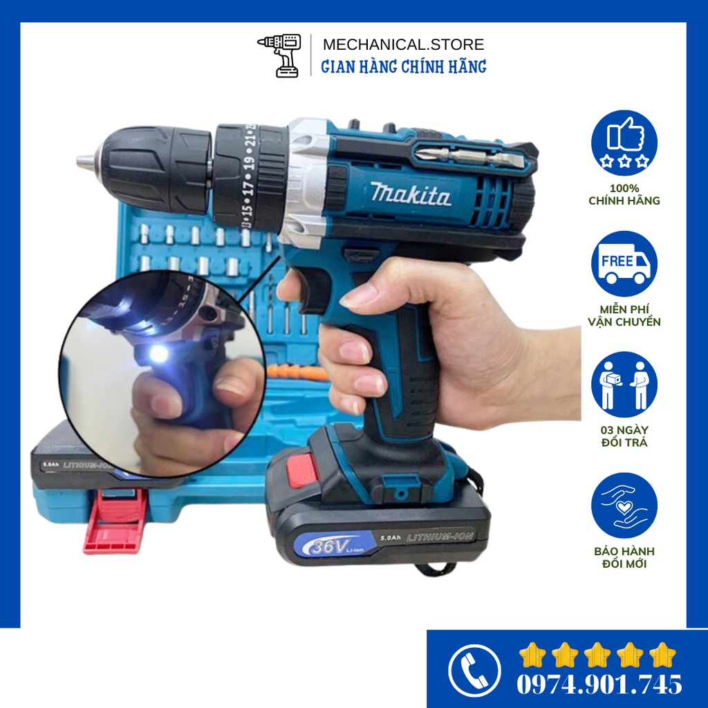 Máy khoan pin 36V MAKITA 3 chức năng có búa, tặng kèm phụ kiện 24 chi tiết, tặng 2 pin 5Ah, 1 sạc em