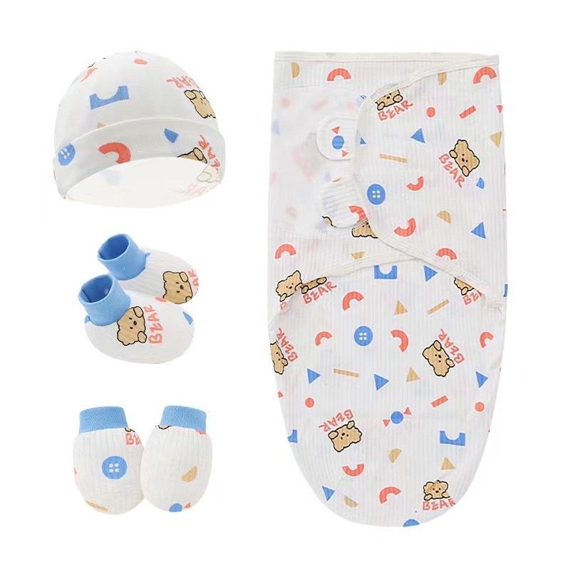 Set 4 Món Gồm Khăn Quấn + Mũ + Găng Tay + Vớ Cotton Cho Bé Sơ Sinh 0-6 Tháng