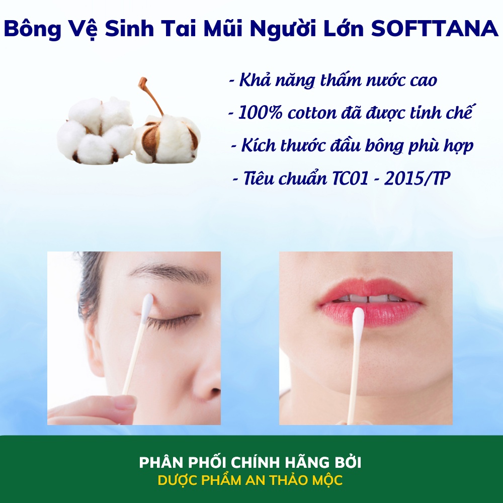 Bông vệ sinh tai mũi người lớn Tanaphar Softana thiết kế nhỏ gọn 100% bông xơ tự nhiên an toàn tiện dụng