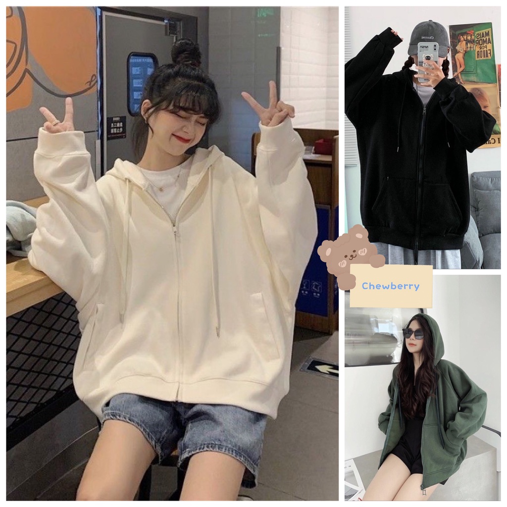 Áo Khoác Hoodie Trơn Mũ Khoá Kéo Form Rộng Nam Nữ Đen Trắng Xanh (hoodie trơn)