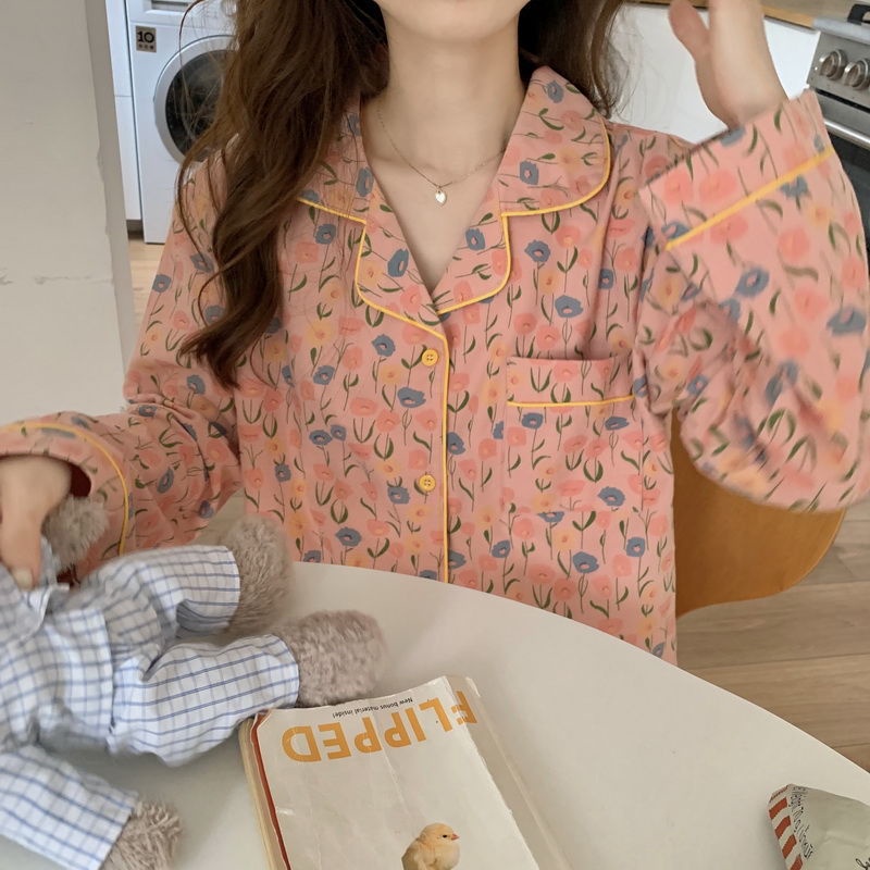 Jiashucheng Bộ Đồ Ngủ Tay Dài In Họa Tiết Hoa Dễ Thương Phong Cách Nhật Bản Thời Trang Xuân Thu Cho Nữ