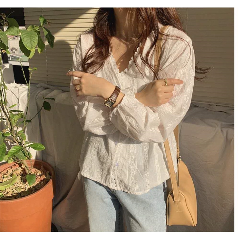 Áo Cotton DàI Tay Cổ Chữ V PhốI Ren Hoa ThờI Trang Cho Nữ