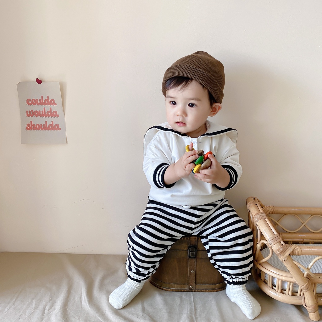 Set Đồ Mùa Đông Gồm Áo Nỉ Dày Dặn Cổ Thủy Thủ Hình Gấu Lót Lông Cừu Kẻ Sọc Dễ Thương Cho Bé @