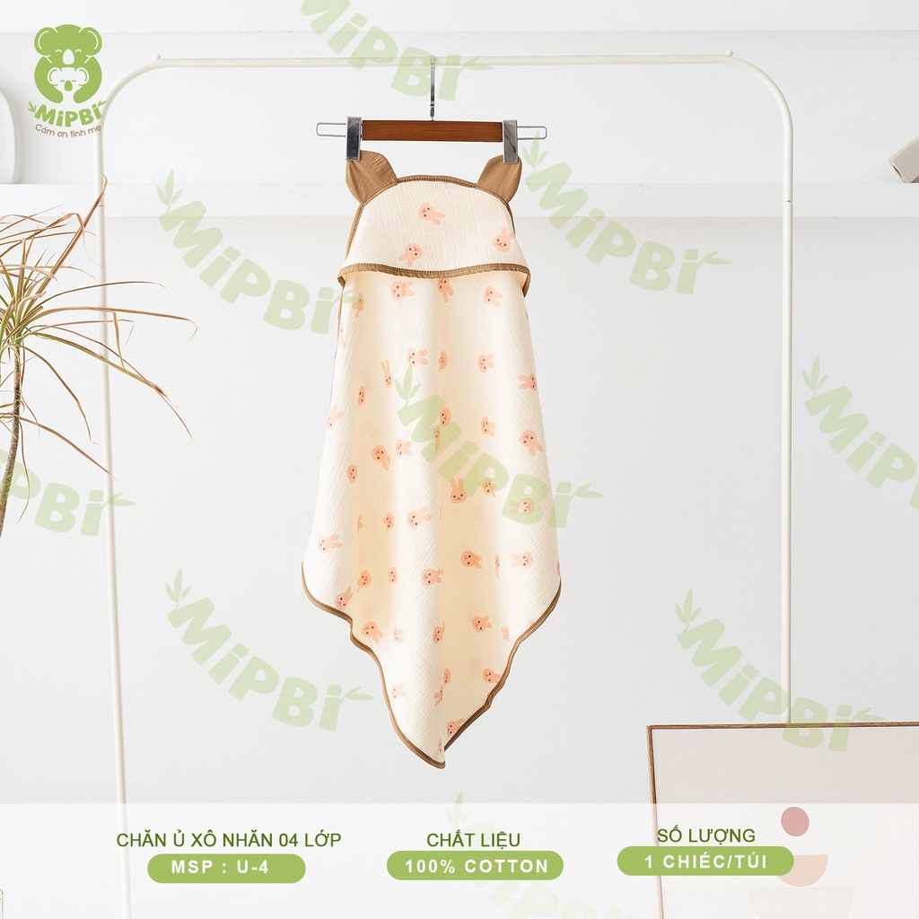 Chăn Choàng Ủ Xô Muslin Mipbi 4 Lớp Có Mũ Siêu Thoáng