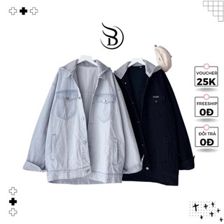 Áo khoác jean áo khoác bò nam nữ mũ nỉ basic form rộng unisex màu xanh và đen thêu chữ tại badboy store