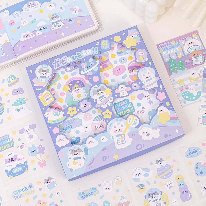 Sticker cute/Hộp set 100 tấm hình dán dễ thương Space Monster trang trí sổ planner bullet journal Tẻn Tẻn