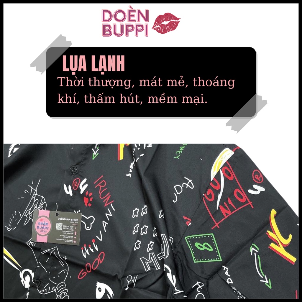 Áo sơ mi ngắn tay unisex nam nữ, cổ đứng, vải lụa lạnh nhập khẩu thoáng mát, ĐEN hoạ tiết TIA CHỚP - DOÈNBUPPI Shirt