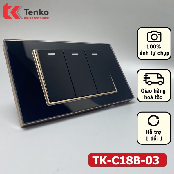 Công Tắc 3 nút Âm Tường Cao Cấp Mặt Kính Cường Lực ĐEN Bo Viền VÀNG 1 Chiều và 2 Chiều(Đảo Chiều) TK-C18B-03