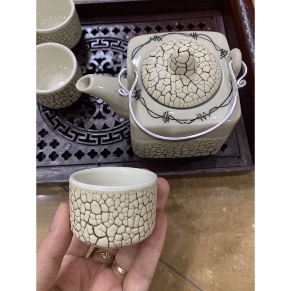 Bộ ấm chén men rạn kèm khay gốm sứ Bát Tràng , nhận in logo trên ấm chén