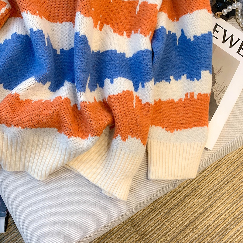 Áo sweater Dáng Rộng Họa Tiết Kẻ Sọc Màu Tương Phản Thời Trang Thu Đông Mới Cho Nữ