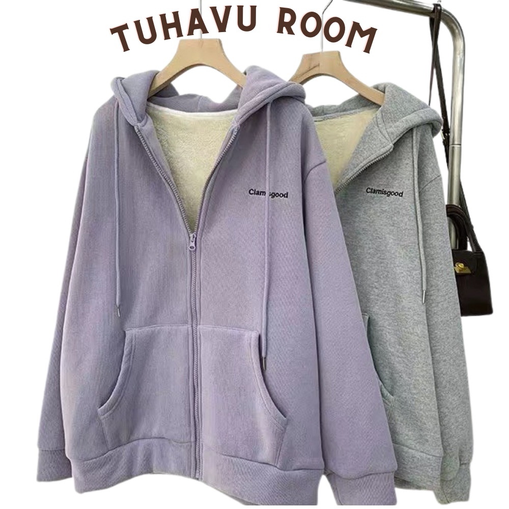 (SẴN) Áo khoác nỉ dáng rộng có lớp lót lông dày dặn, Áo khoác unisex nam nữ