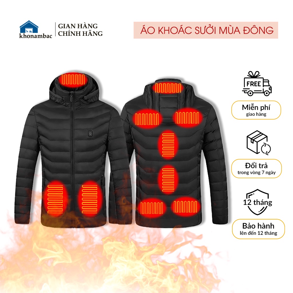 Áo Khoác Sưởi Ấm Mùa Đông HA-PLS Điều Chỉnh Nhiệt 25-45 Độ Cắm Sạc Dự Phòng 12V Sử Dụng 8-10 Giờ