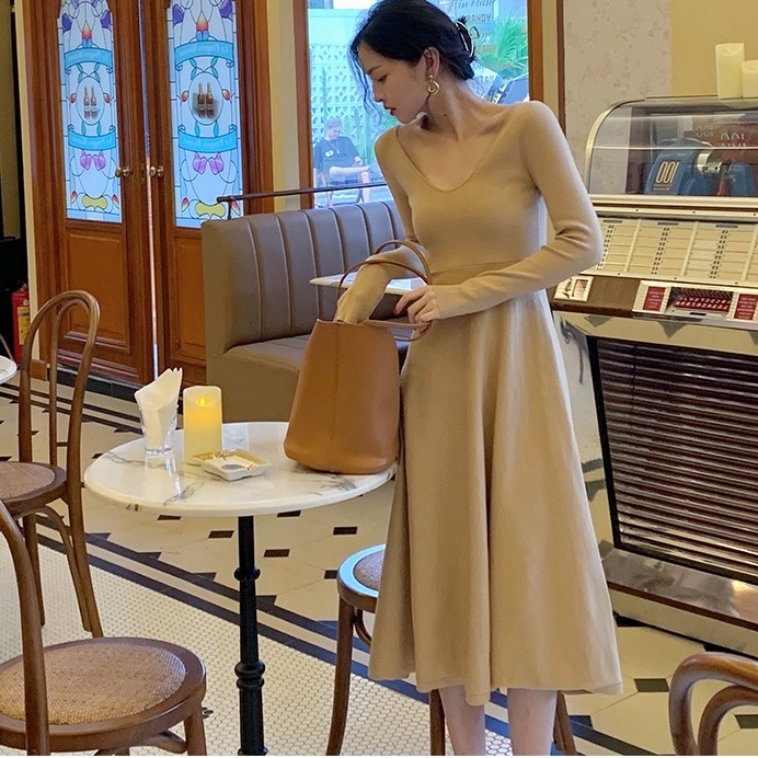 Đầm midi nữ SUXI dệt kim cổ V ôm dáng eo cao thời trang mùa thu