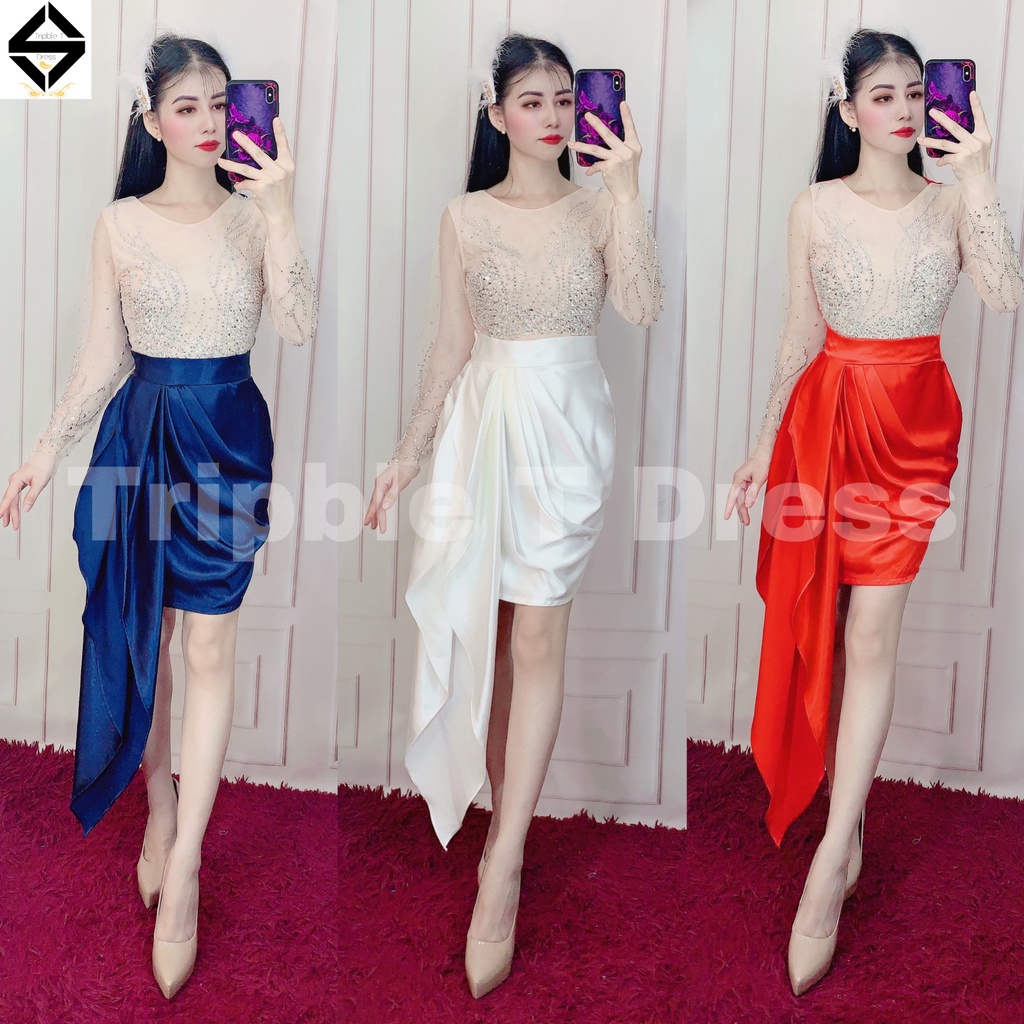 Đầm body ngắn tay dài lưới kết đá cườm TRIPBLE T DRESS - size S/M/L - MS229Y