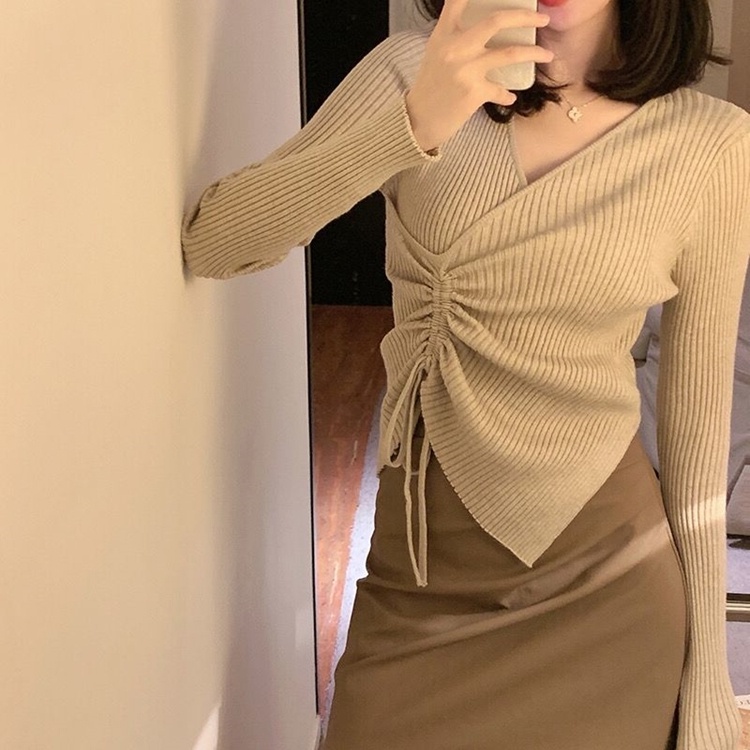 SUXI Áo Dệt Kim Tay Dài Cổ Chữ V Dáng Ôm Thời Trang Thu Đông Vintage Dành Cho Nữ