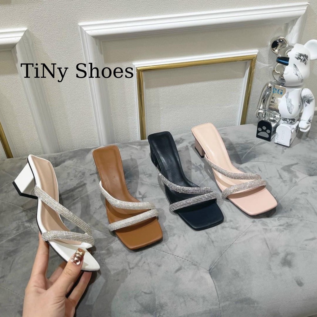 Guốc nữ cao gót mũi vuông quai dây đính xoàn gót vuông 3 phân thời trang có Bigsize G017