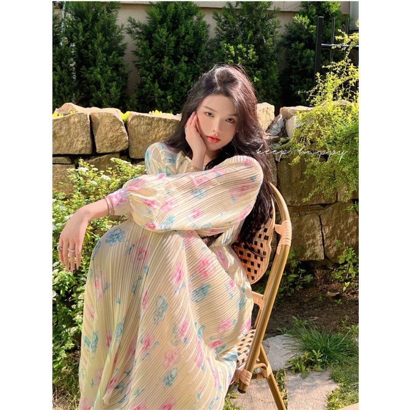 Váy maxi hoa xếp ly nhỏ pure desire pháp eo nhỏ cao cấp khí chất nhẹ nhàng như gió mùa xuân thu 2022