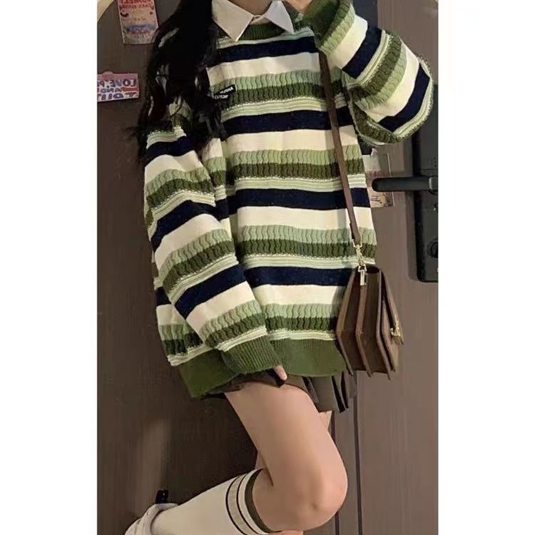 ✅Áo Sweater Dệt Kim Dáng Rộng Họa Tiết Kẻ Sọc Màu Xanh Lá Phong Cách Retro Mỹ Chất Lượng Cao Thời Trang Xuân Thu Cho Nữ