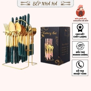 Bộ dao muỗng nĩa và giá đựng 24 món dao thìa dĩa cán sứ vân đá cẩm thạch